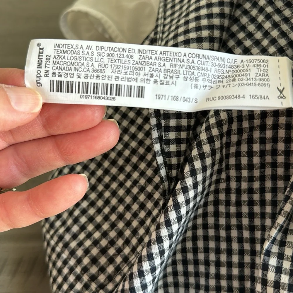 Zara Gingham Puff Sleeve Mock Neck Blouse